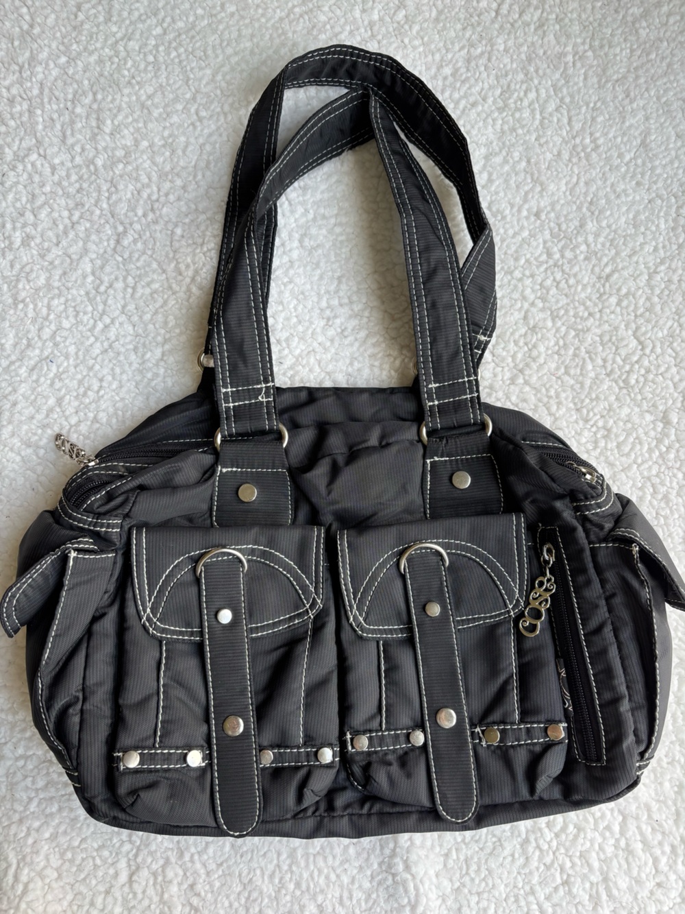 Cose Y2K Vintage Black Nylon East West Tote Shoulder Bag Contrast Stitching